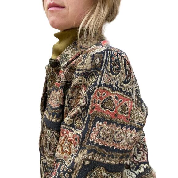 VINTAGE Chicos Womens Jacket Large Beaded Tapestry Embroidered Artsy India Motif - Picture 2 of 12
